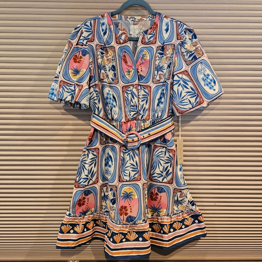 Joie Tropical Postcard Print Belted Mini Dress Blue Pink Yellow Size 8 NEW